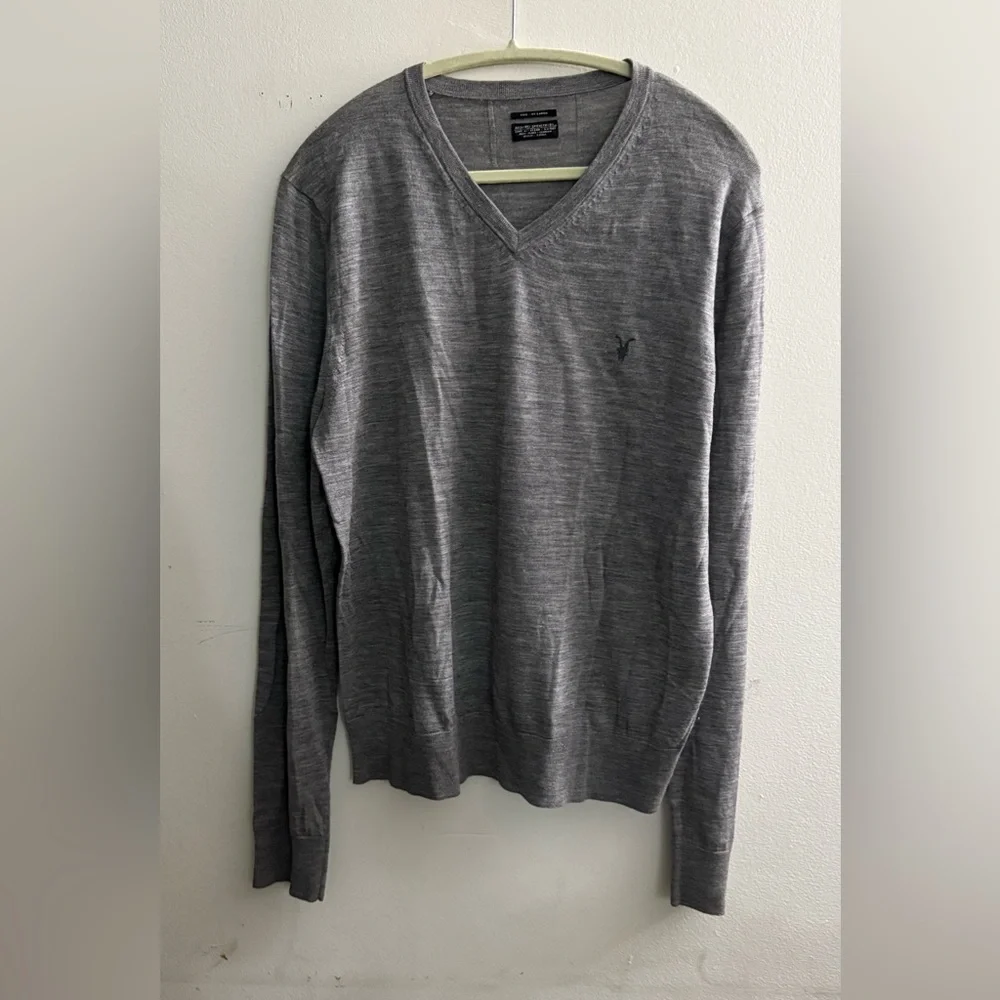 AllSaints Men’s Mode Merino Wool V-Neck Ramskull Sweater‎ Gray XXL